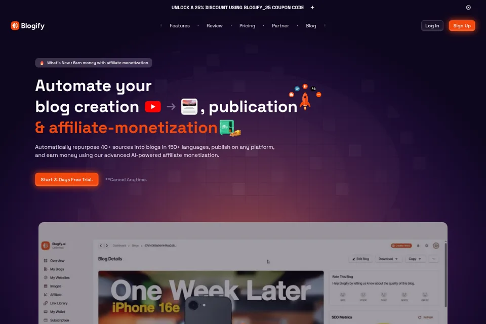 Aperçu de la landing page