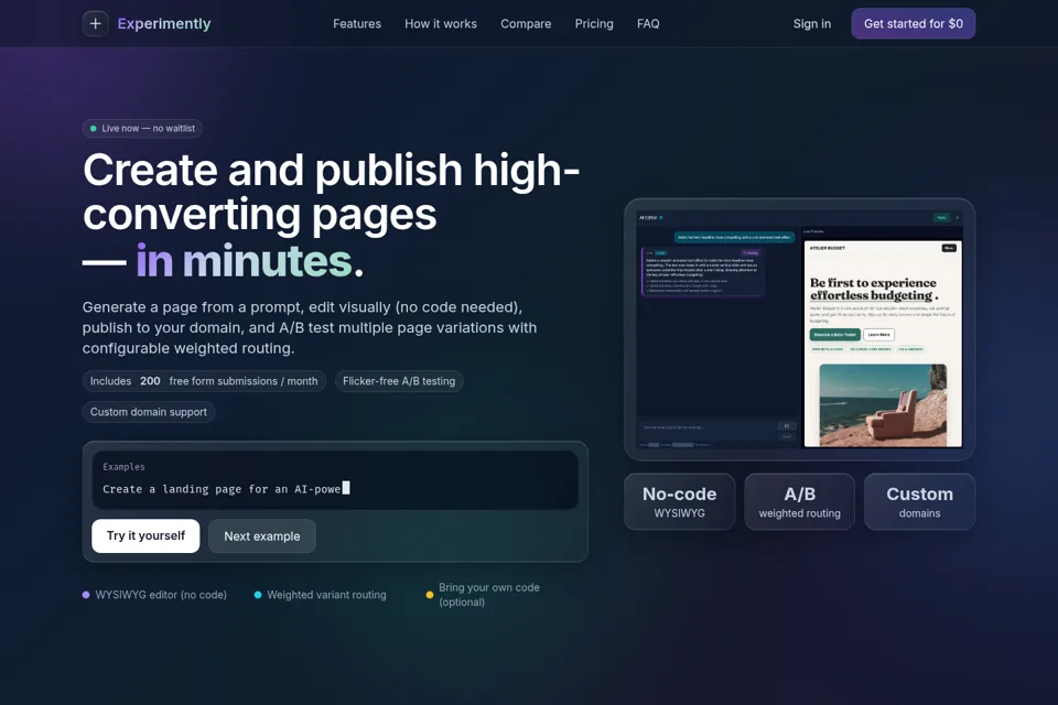 Aperçu de la landing page