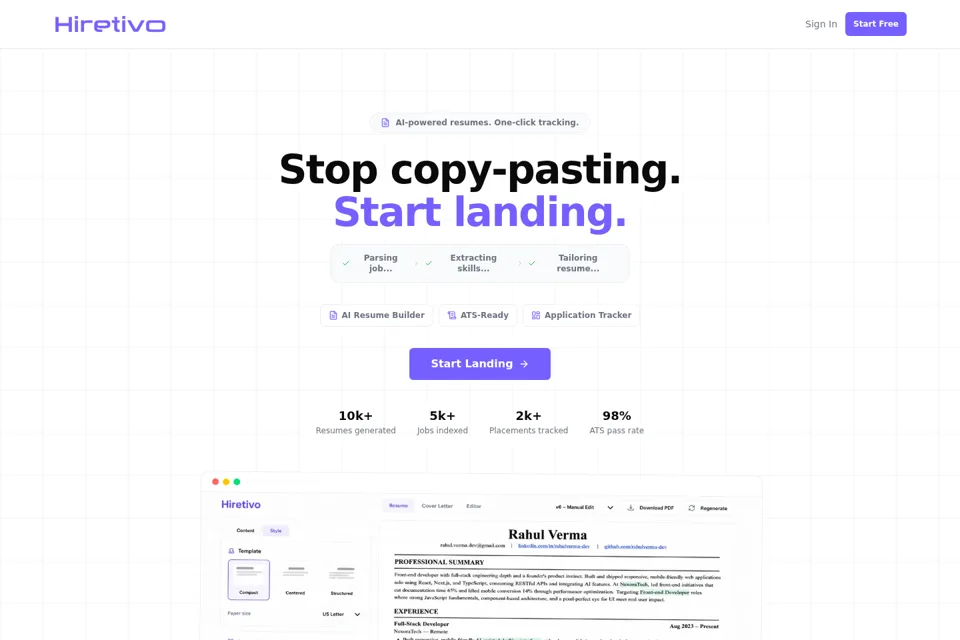 Aperçu de la landing page