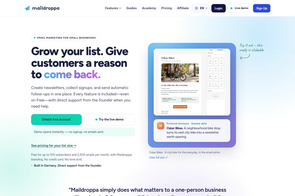 Aperçu de la landing page