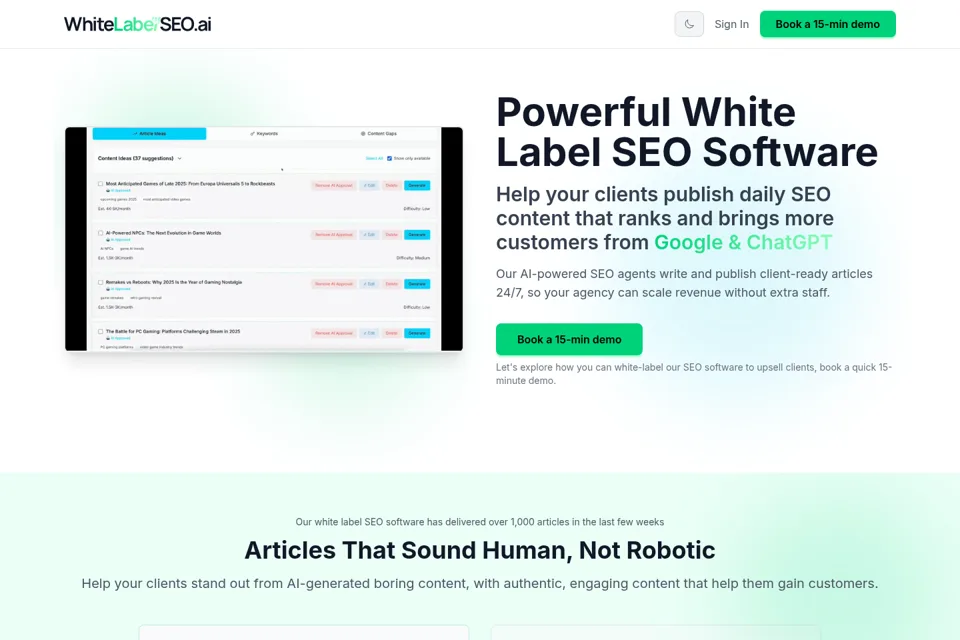 Aperçu de la landing page